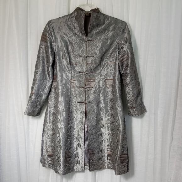 Vintage TANG JACKET Silk Satin Gray Brown Embellished Long Suit Coat Large XL - Picture 1 of 10